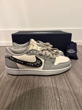 Nike Air Jordan 1 Low - Grey/White with Black Patterned Swoosh